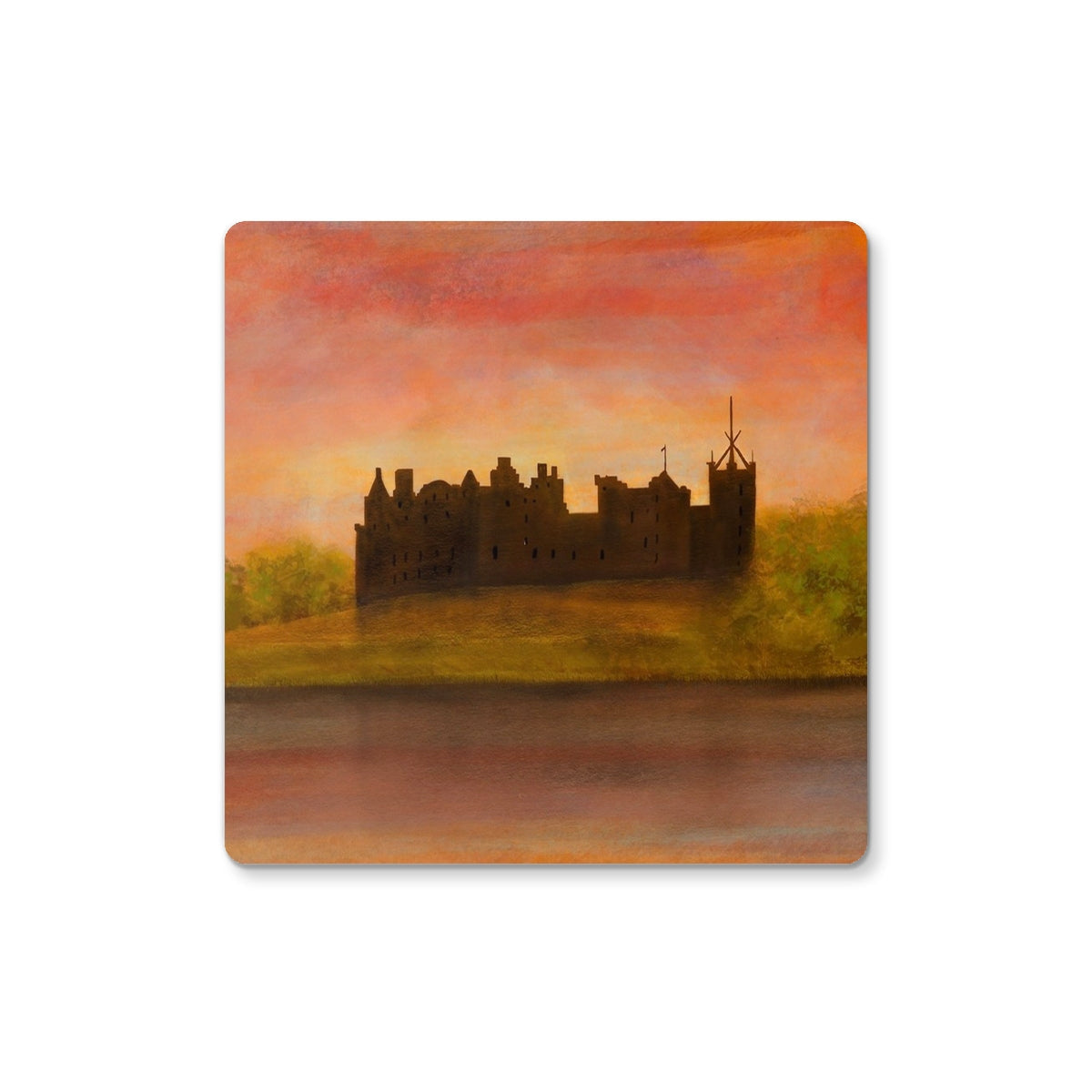 Black Linlithgow Palace castle coaster on watercolor sunset background