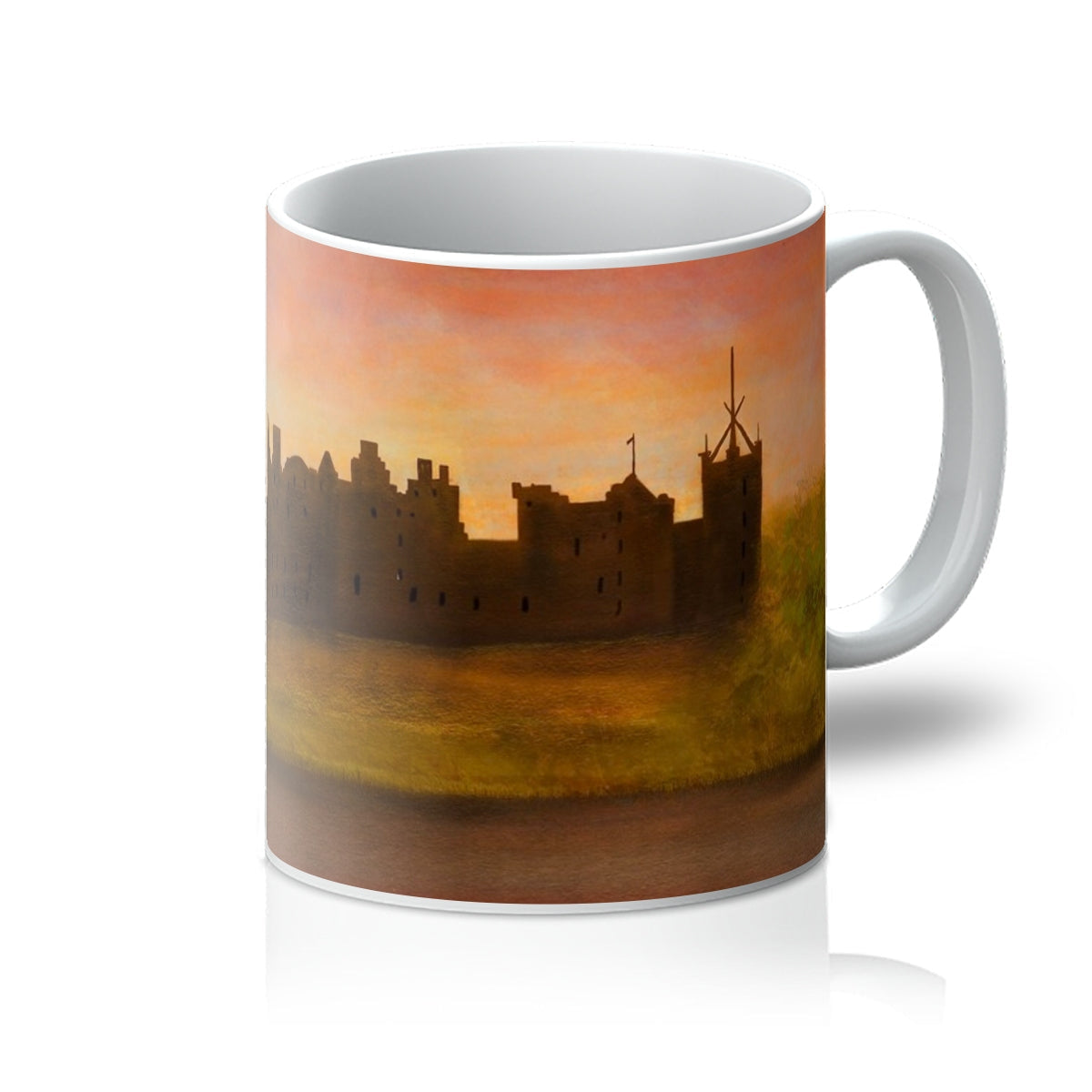Linlithgow Palace Sunset Mug with castle silhouette on ceramic