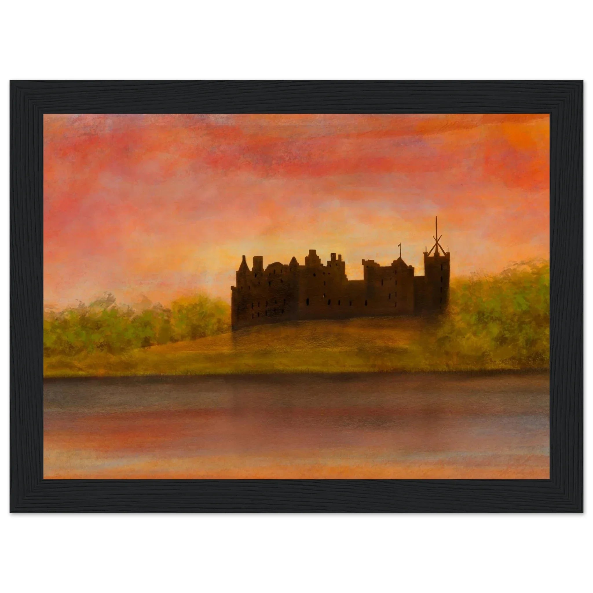 Silhouette of Linlithgow Palace at sunset over water, Scotland artwork