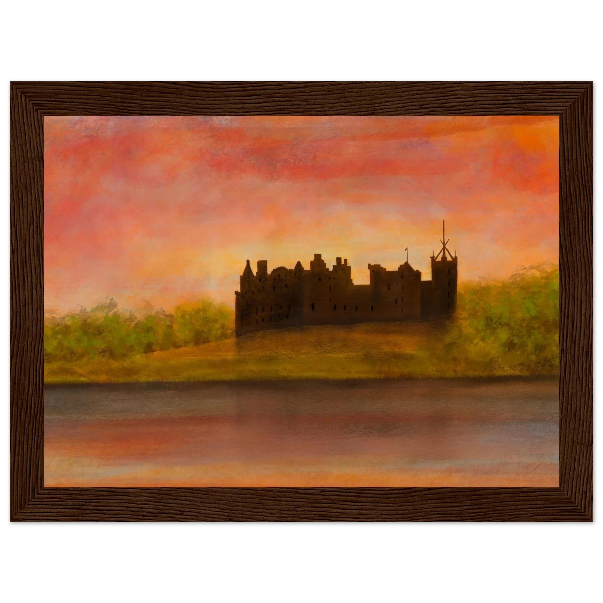 Framed Linlithgow Palace sunset painting with dark castle silhouette