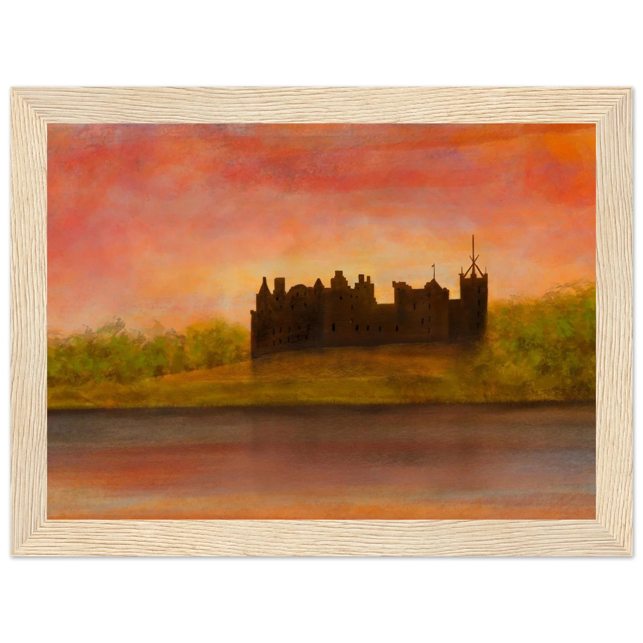 Framed Linlithgow Palace sunset painting with dark castle silhouette