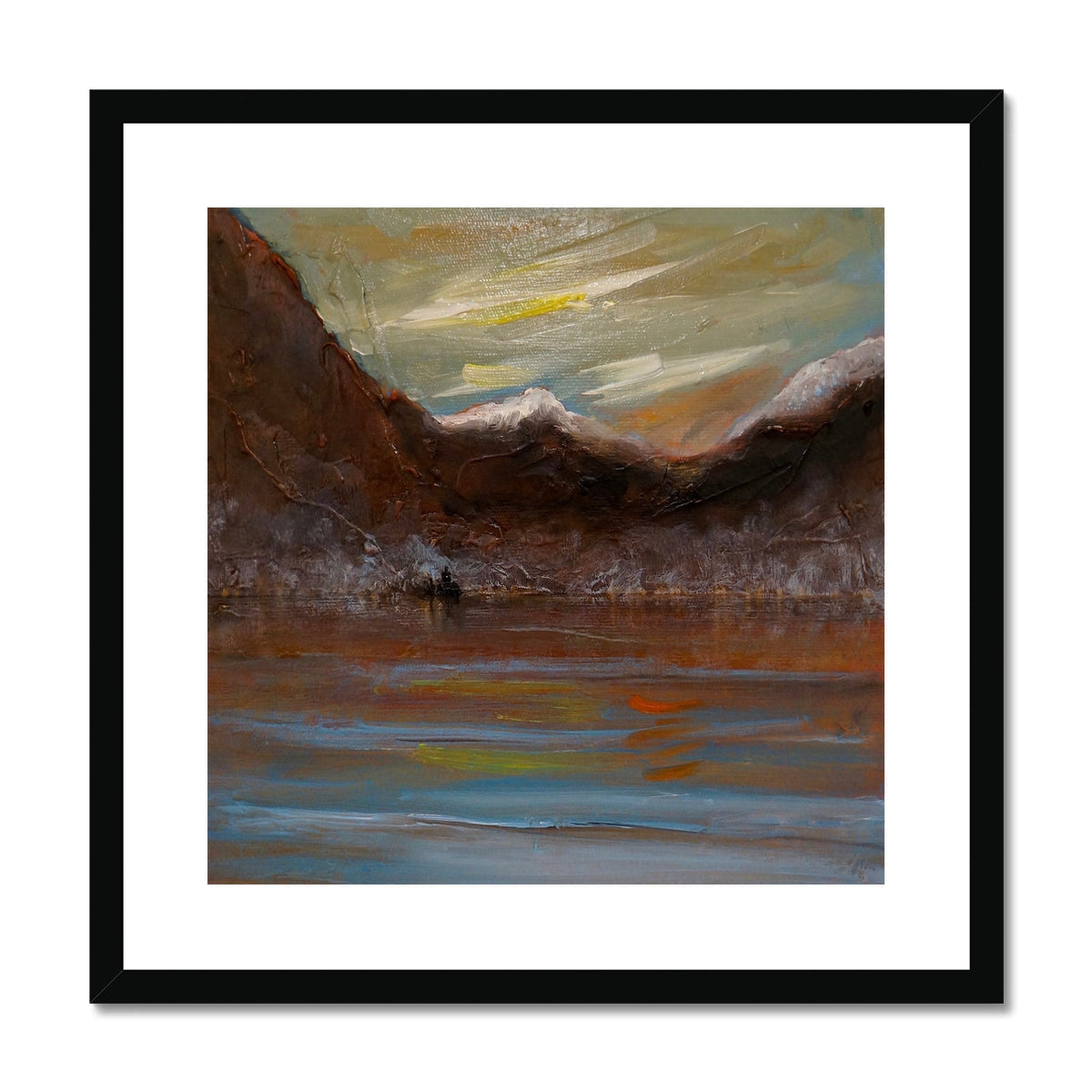 Loch Awe Art Prints: black framed abstract landscape in brown and yellow hues