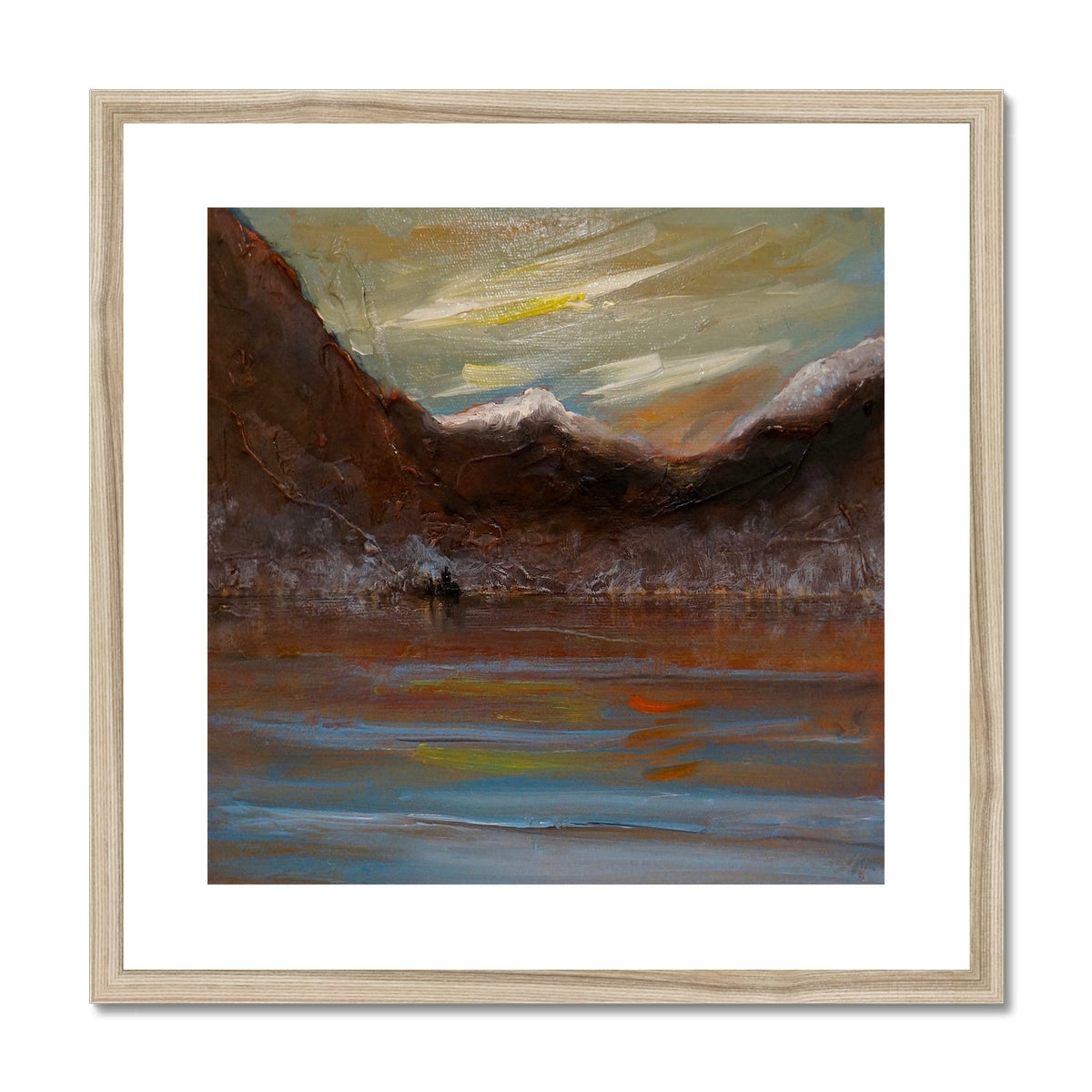 Loch Awe Art Prints: Abstract wooden framed landscape in brown blue hues
