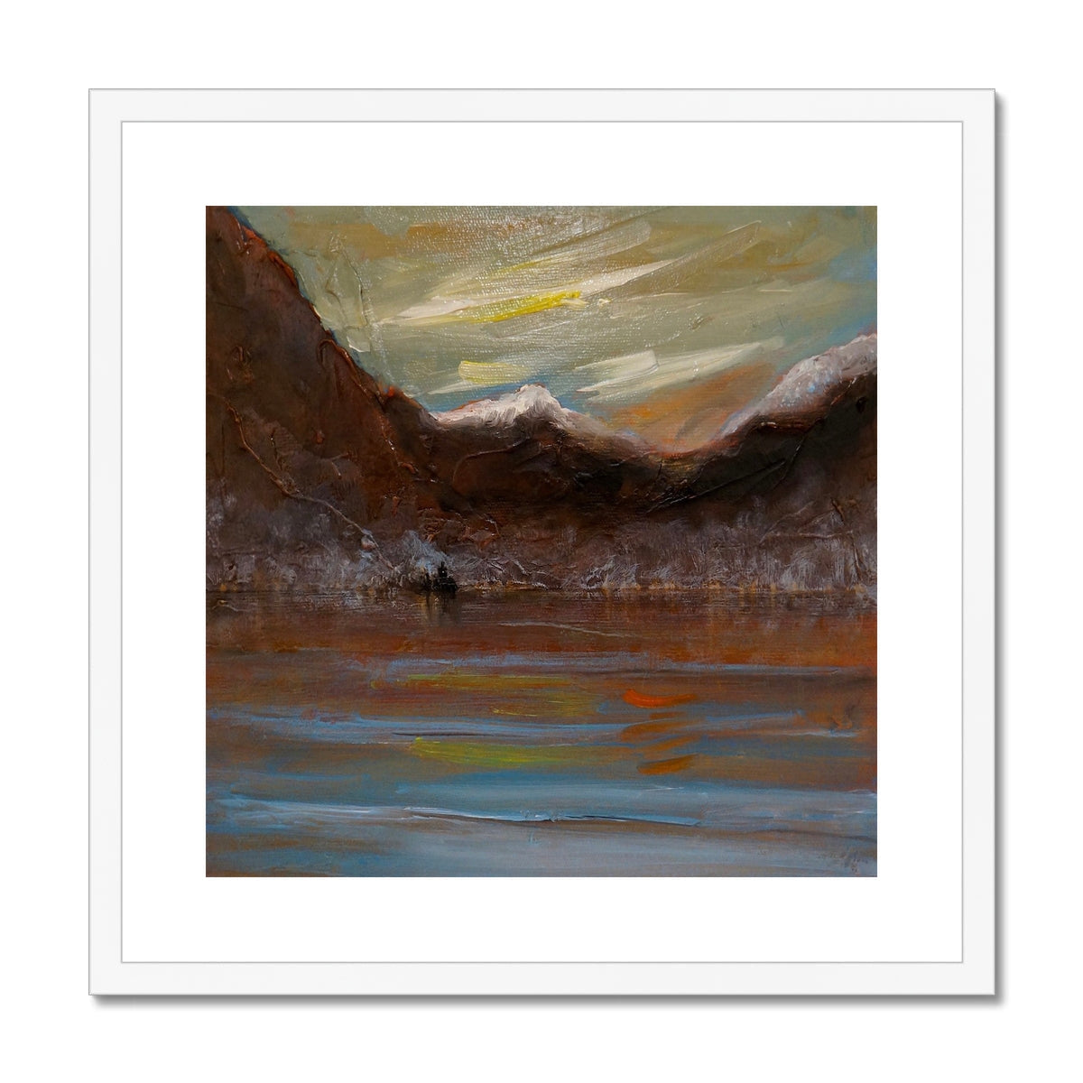 Brown mountain landscape painting in white frame Loch Awe Art Prints