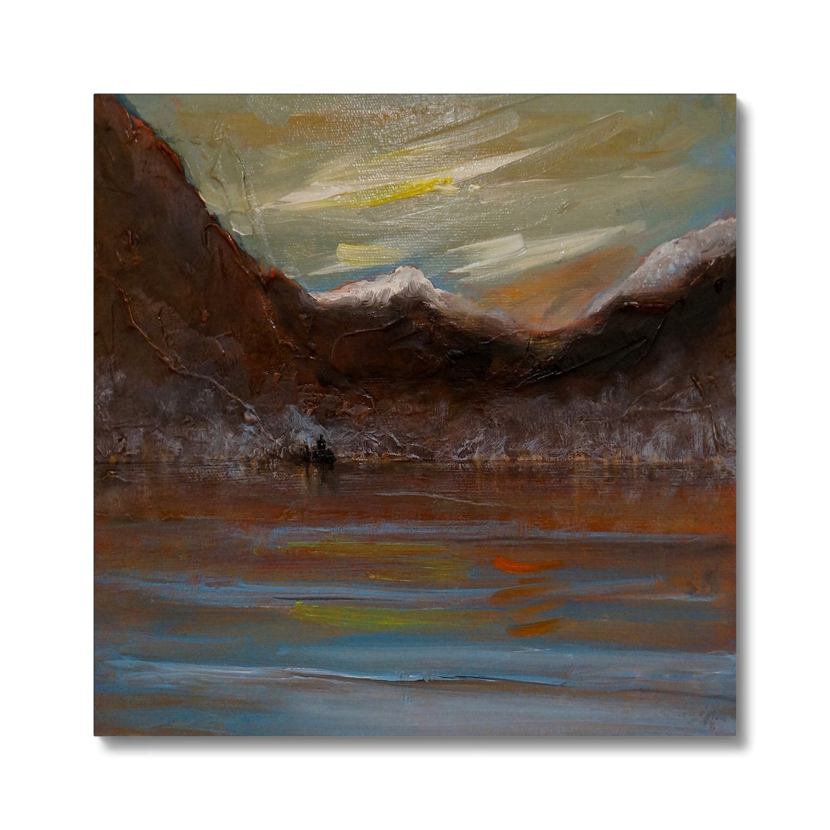 Brown mountain landscape oil painting with blue water reflection, Loch Awe canvas print