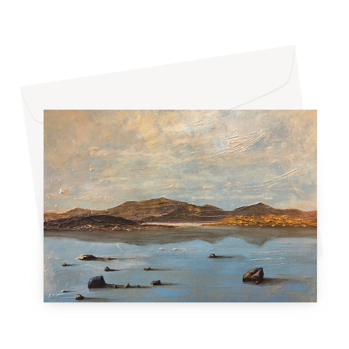 White envelope with Loch Druidibeg landscape painting greeting card
