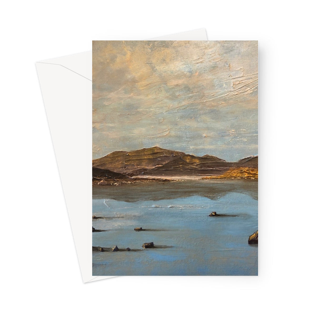 Loch Druidibeg watercolor landscape greeting card in muted earth tones