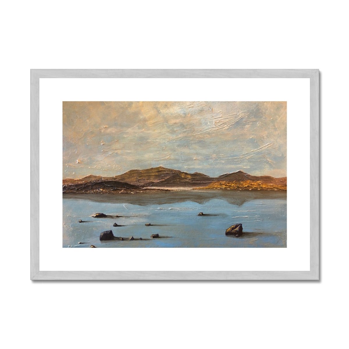 Loch Druidibeg South Uist Painting | Antique Framed & Mounted Prints From Scotland-Antique Framed & Mounted Prints-Scottish Lochs Art Gallery-A2 Landscape-Silver Frame-Paintings, Prints, Homeware, Art Gifts From Scotland By Scottish Artist Kevin Hunter