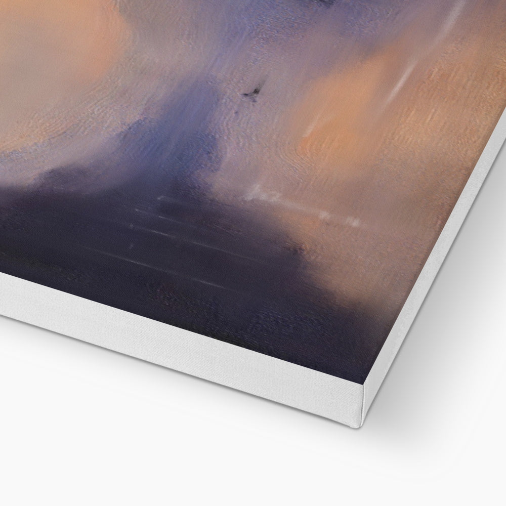 Silver metallic Loch Eck Dawn canvas print with abstract orange purple hues