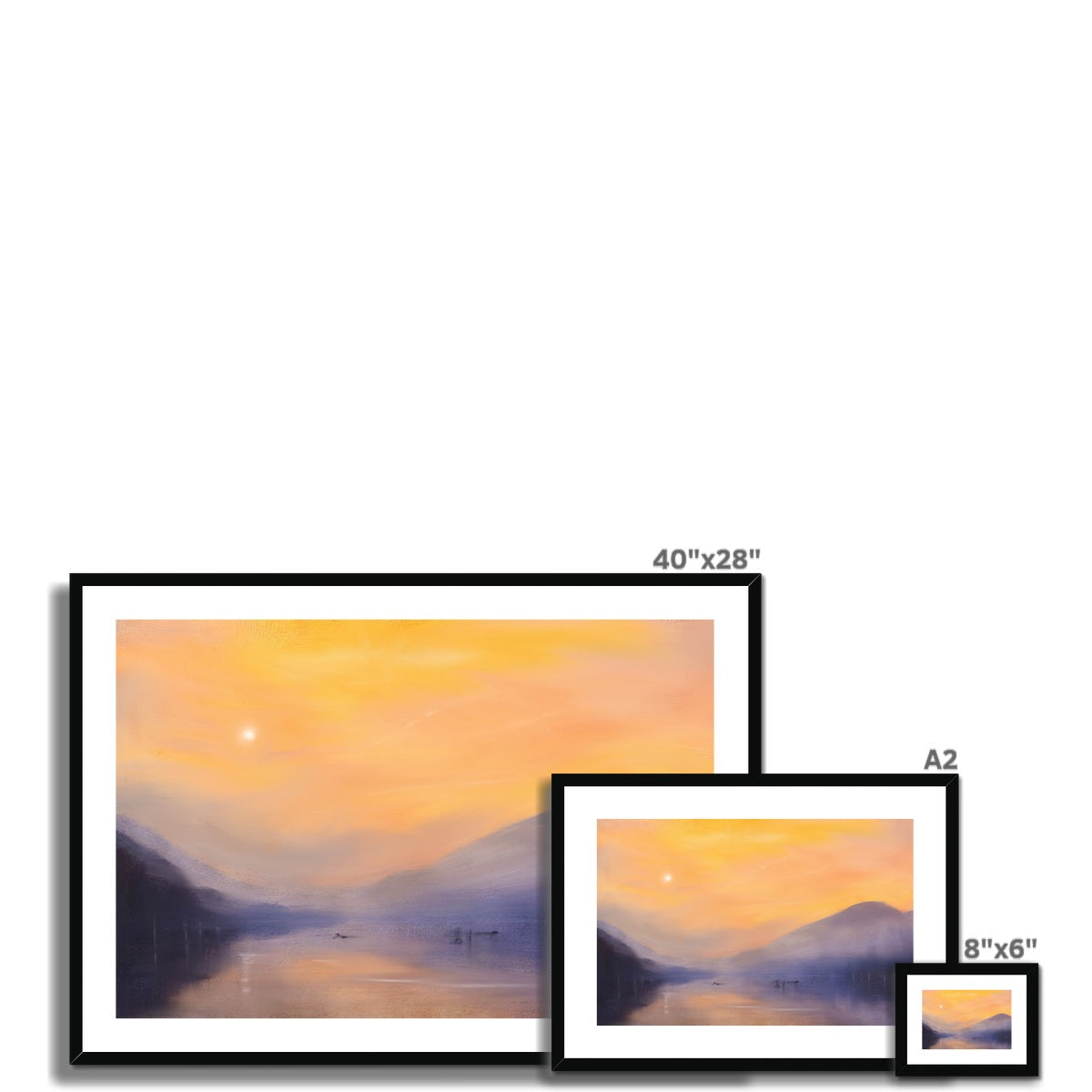 Loch Eck Dawn 40x28 framed landscape art print with warm sunset palette