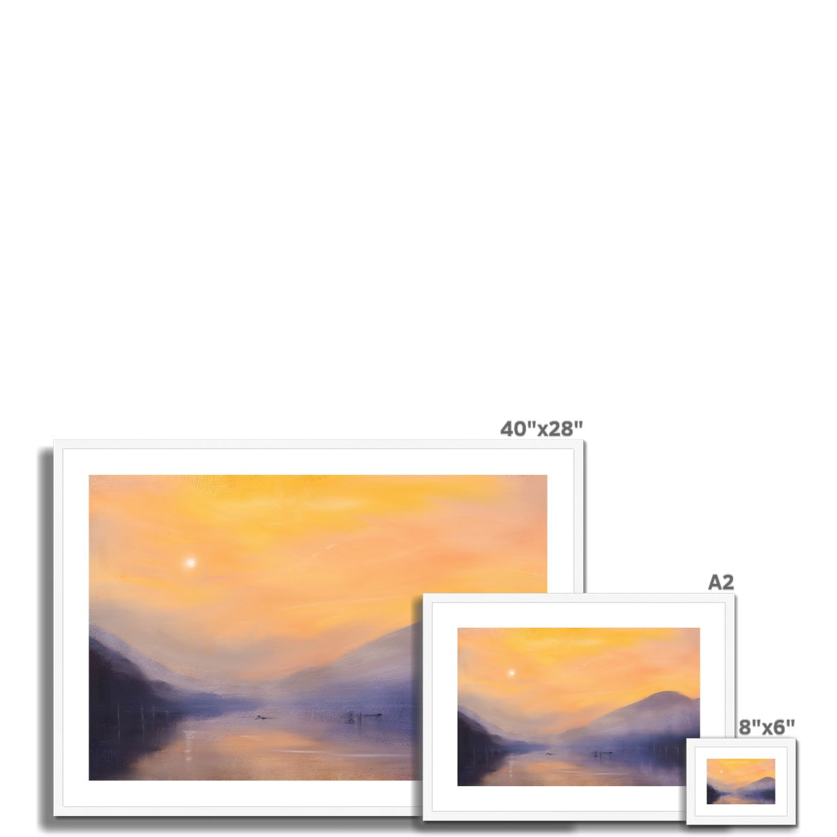 Loch Eck Dawn 40x28 framed print with warm sunset and misty mountains