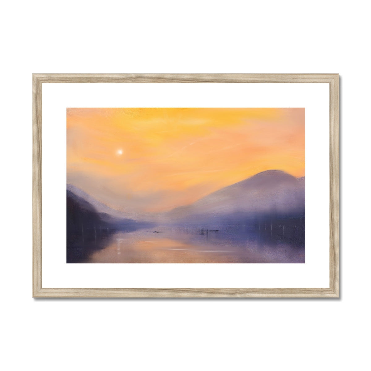 Loch Eck Dawn wooden-framed print of serene sunset over hills and calm water