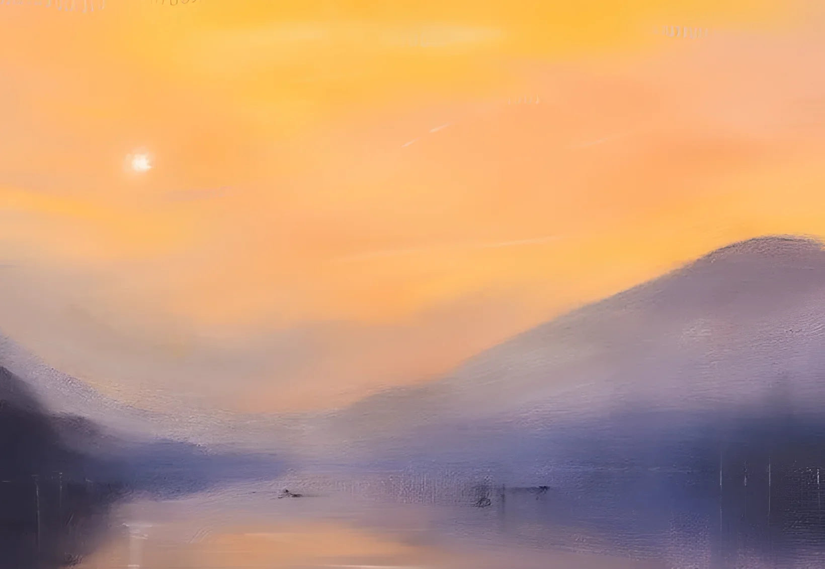Loch Eck Dusk Original Painting depicting a serene mountain lake at sunset