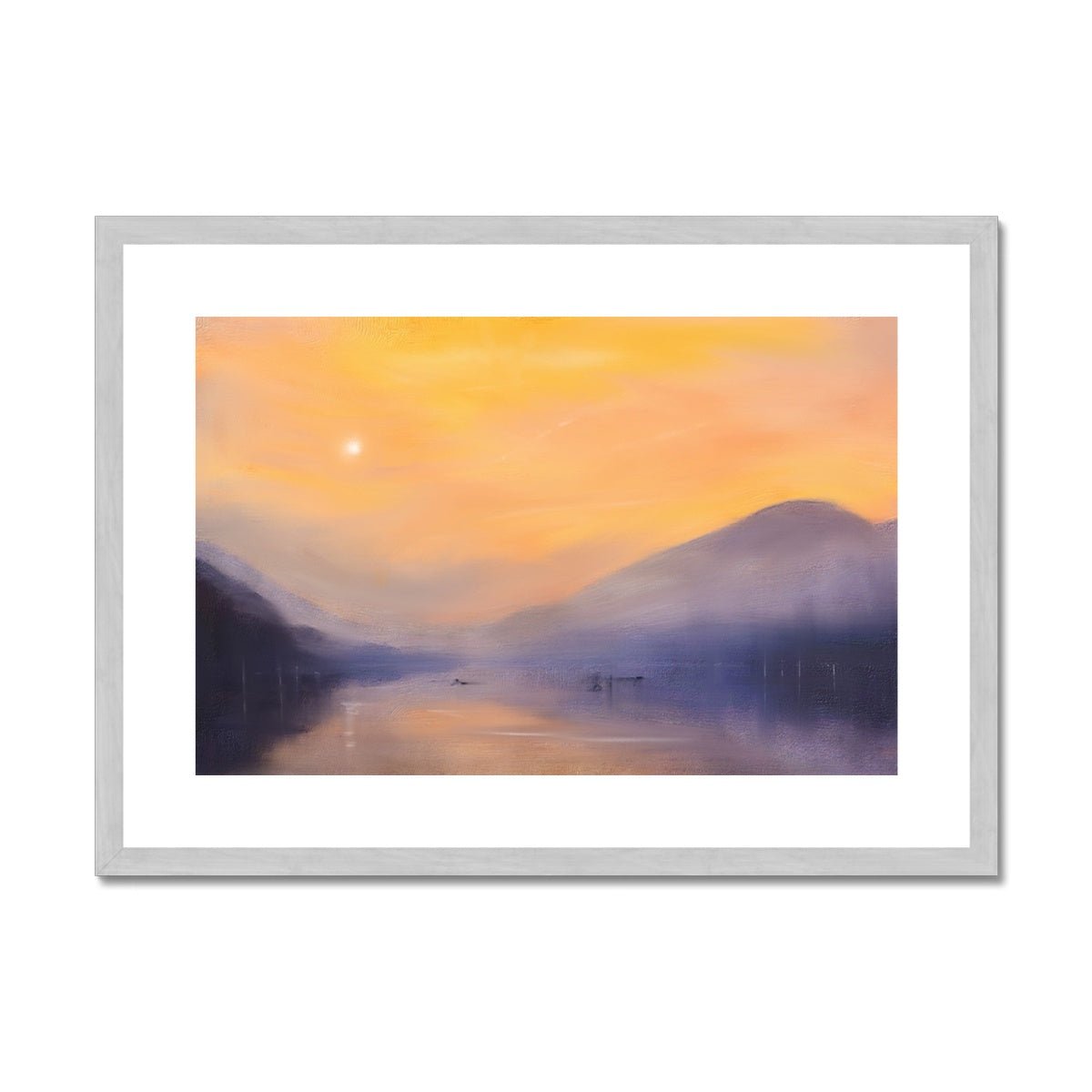 Loch Eck Dusk Painting | Antique Framed & Mounted Prints From Scotland-Antique Framed & Mounted Prints-Scottish Lochs & Mountains Art Gallery-A2 Landscape-Silver Frame-Paintings, Prints, Homeware, Art Gifts From Scotland By Scottish Artist Kevin Hunter