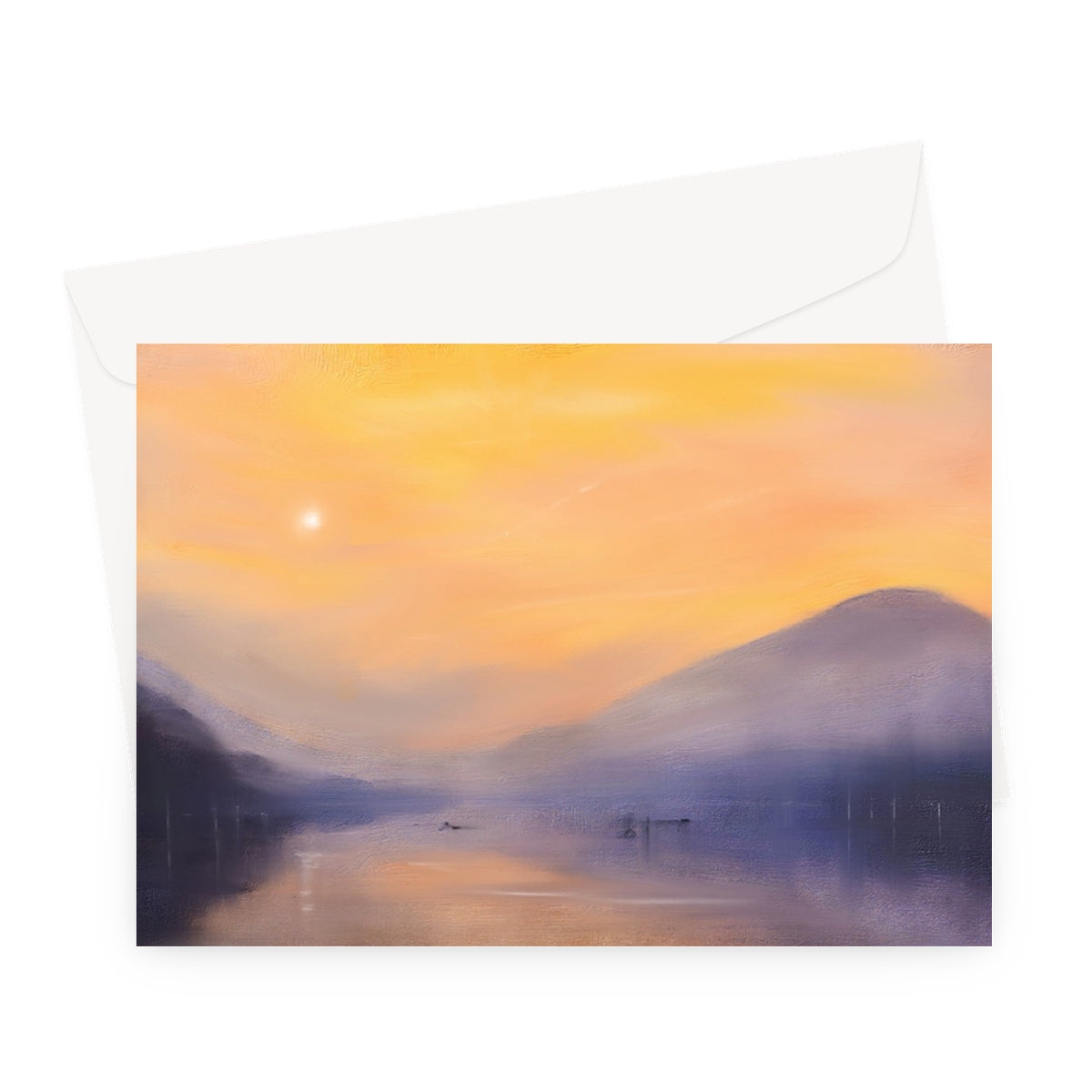 Loch Eck Dusk Scottish Art Gifts Greeting Card | Scottish Lochs &amp; Mountains Art Gallery | Paintings, Prints, Homeware and Art Gifts From Scotland By Scottish Artist Kevin Hunter