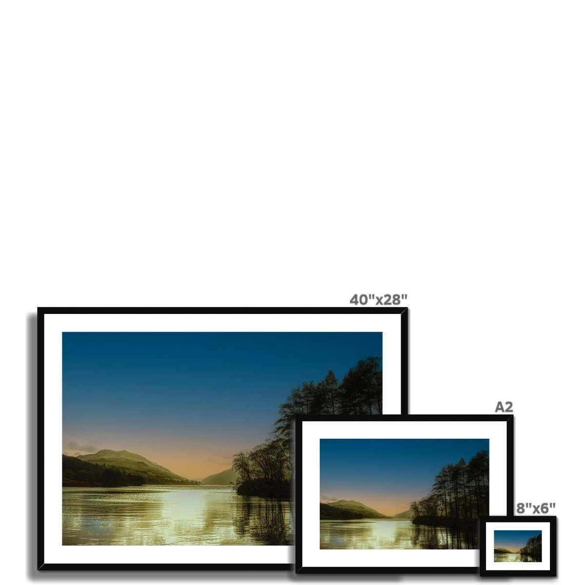 40x28 inch framed Loch Eck Golden Dusk lake print, black frame, white mat