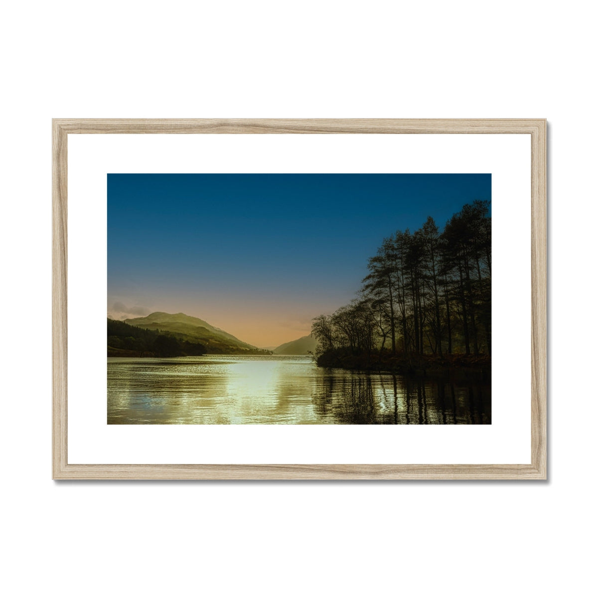 Loch Eck Golden Dusk wooden framed print of serene lake, forest, and sunset sky