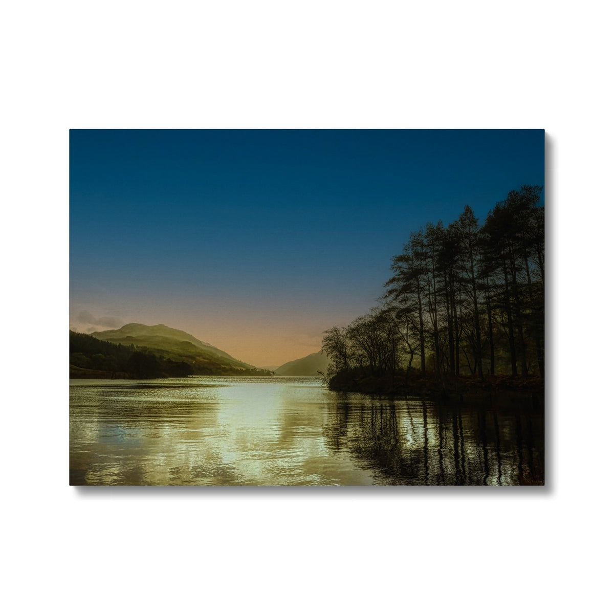 Loch Eck golden dusk blue and yellow sunset landscape canvas print