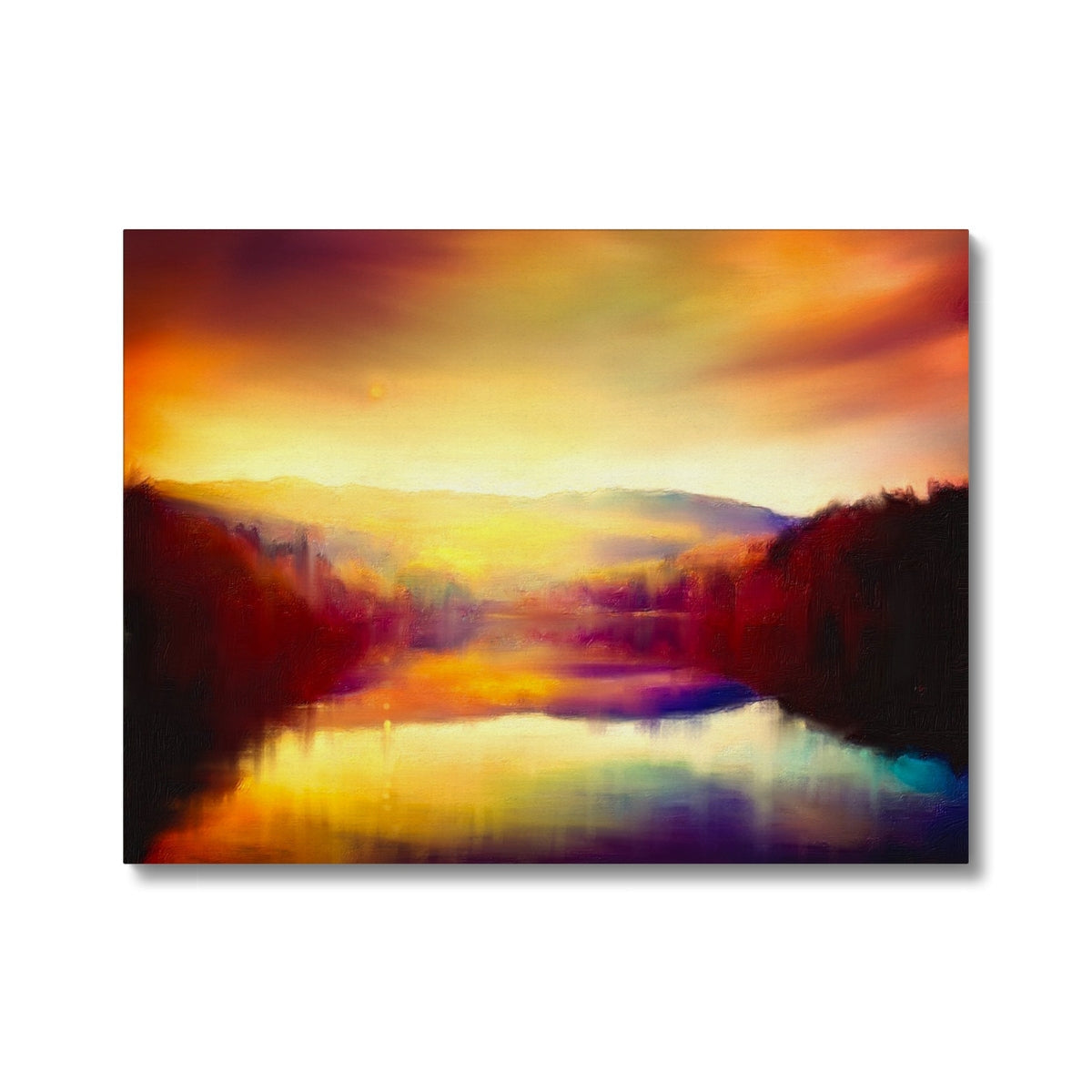 Colorful abstract landscape wall art with vibrant hues and fluid brushstrokes on Loch Faskally Dusk Canvas