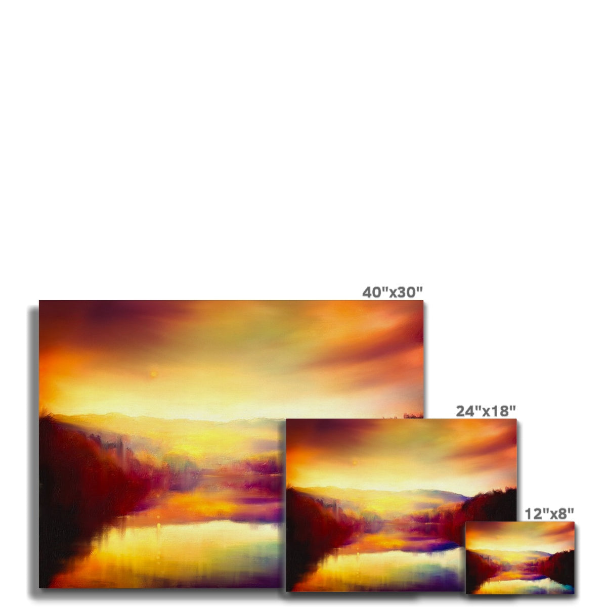 Loch Faskally Dusk abstract landscape canvas print in warm orange, yellow, and brown hues