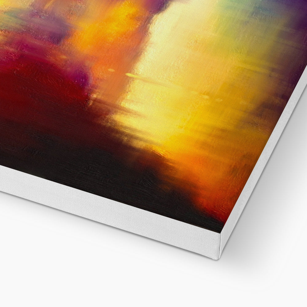 Loch Faskally Dusk Canvas print with vibrant orange, yellow, and red abstract design