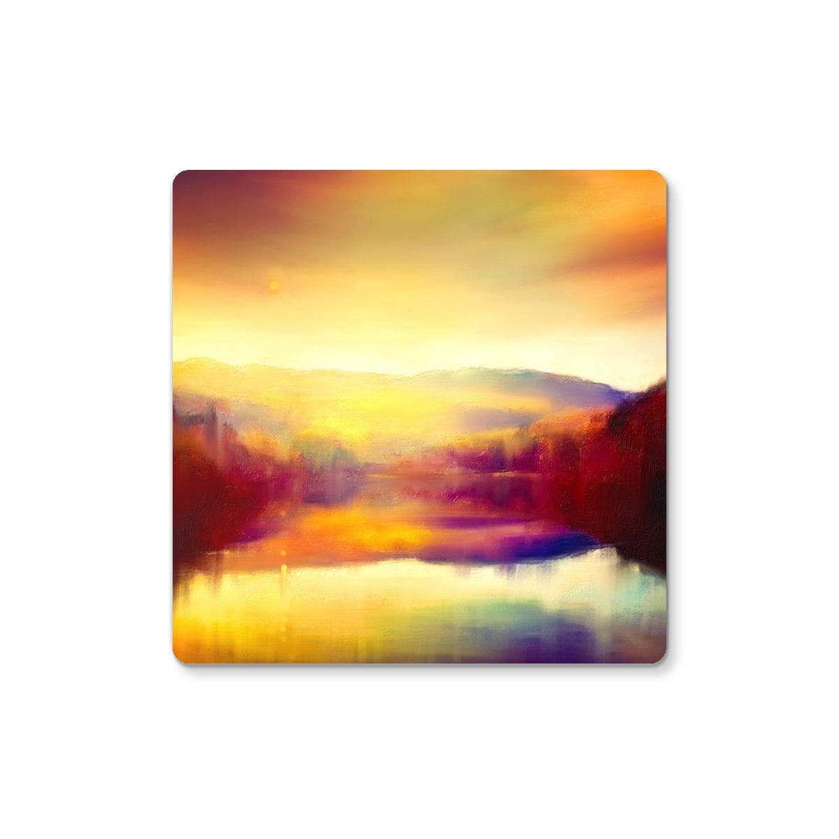 Abstract watercolor coaster with vibrant orange and yellow hues for Loch Faskally Dusk product