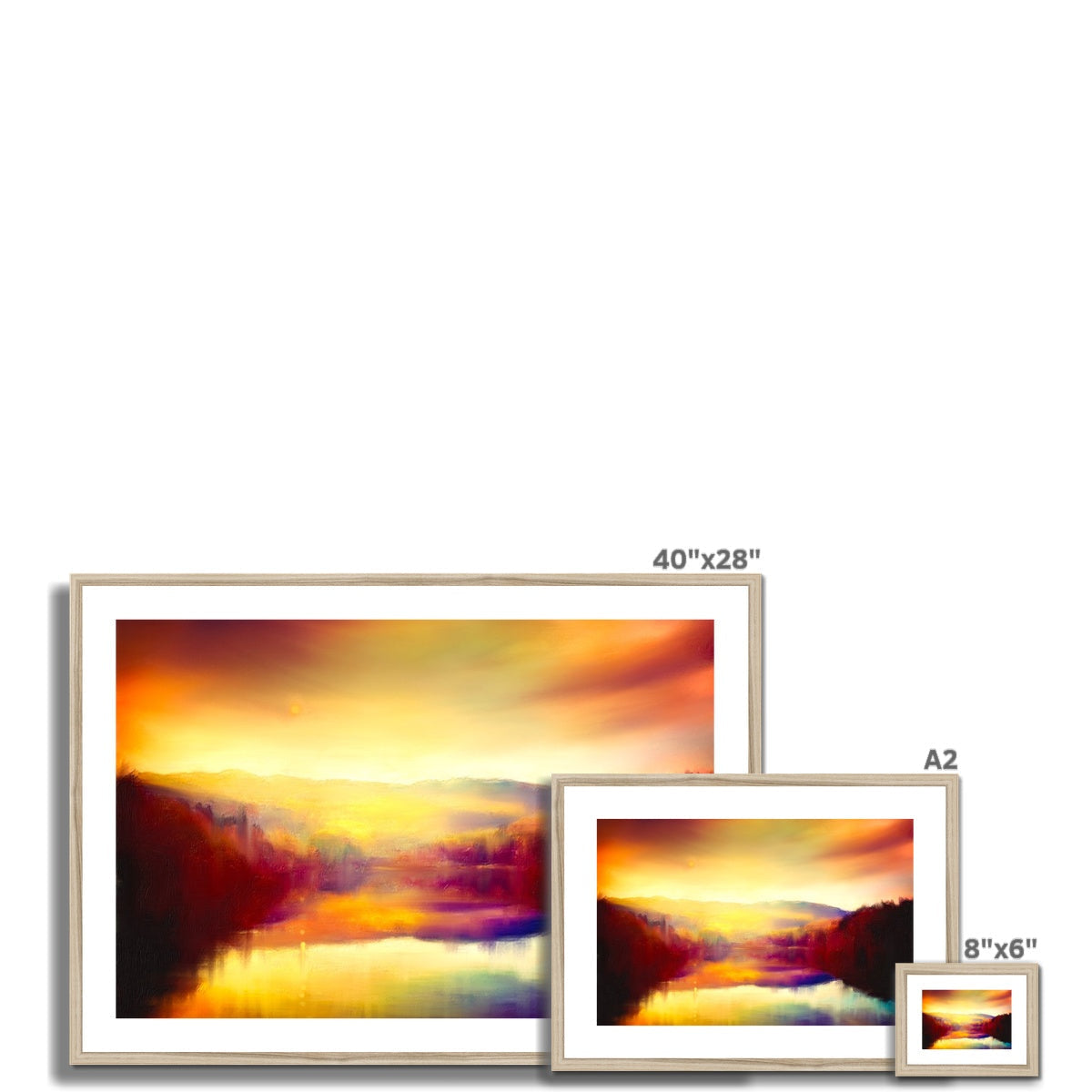Framed abstract landscape art print Loch Faskally Dusk with vibrant orange yellow purple hues