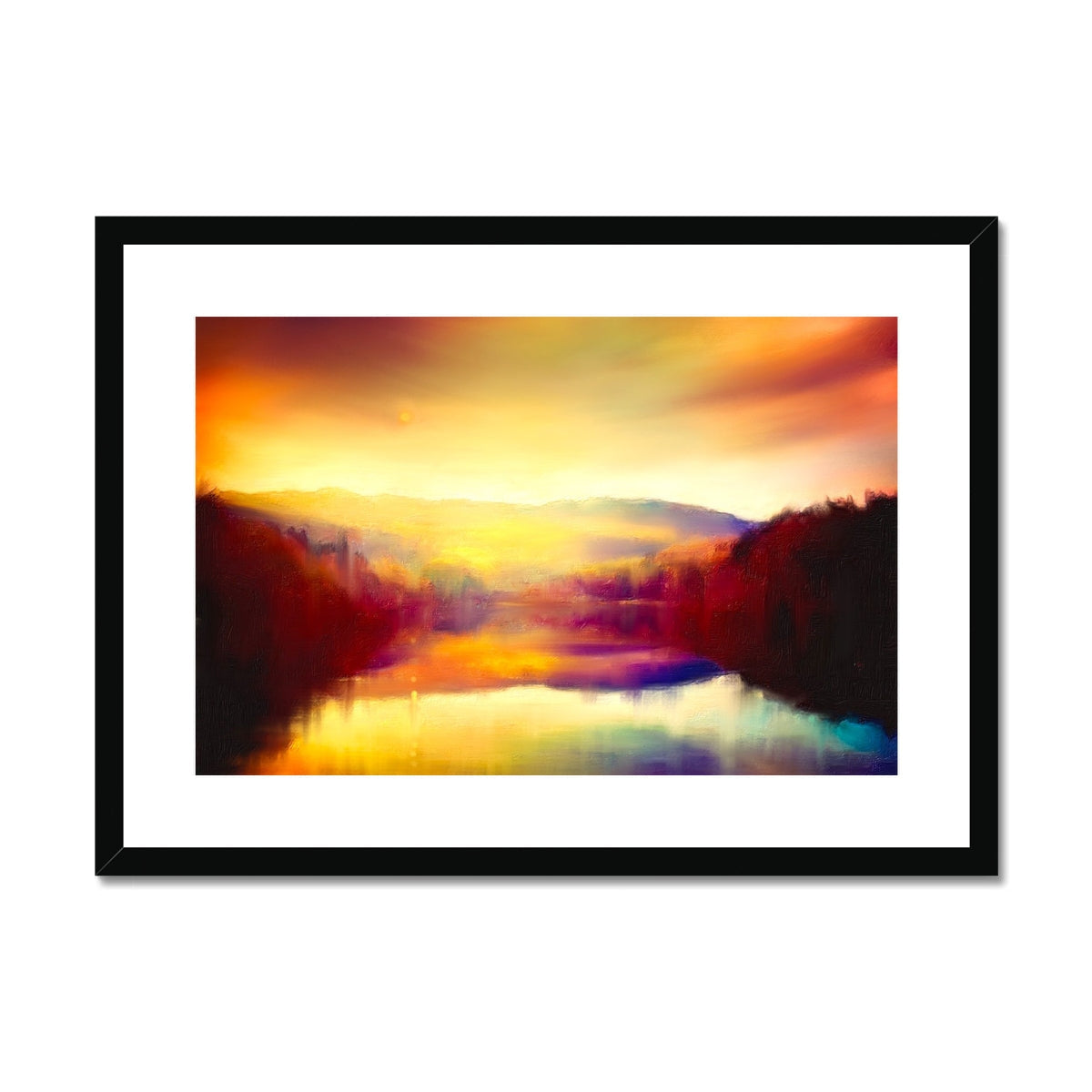 Black framed abstract landscape art print with vibrant orange and yellow hues by Loch Faskally Dusk
