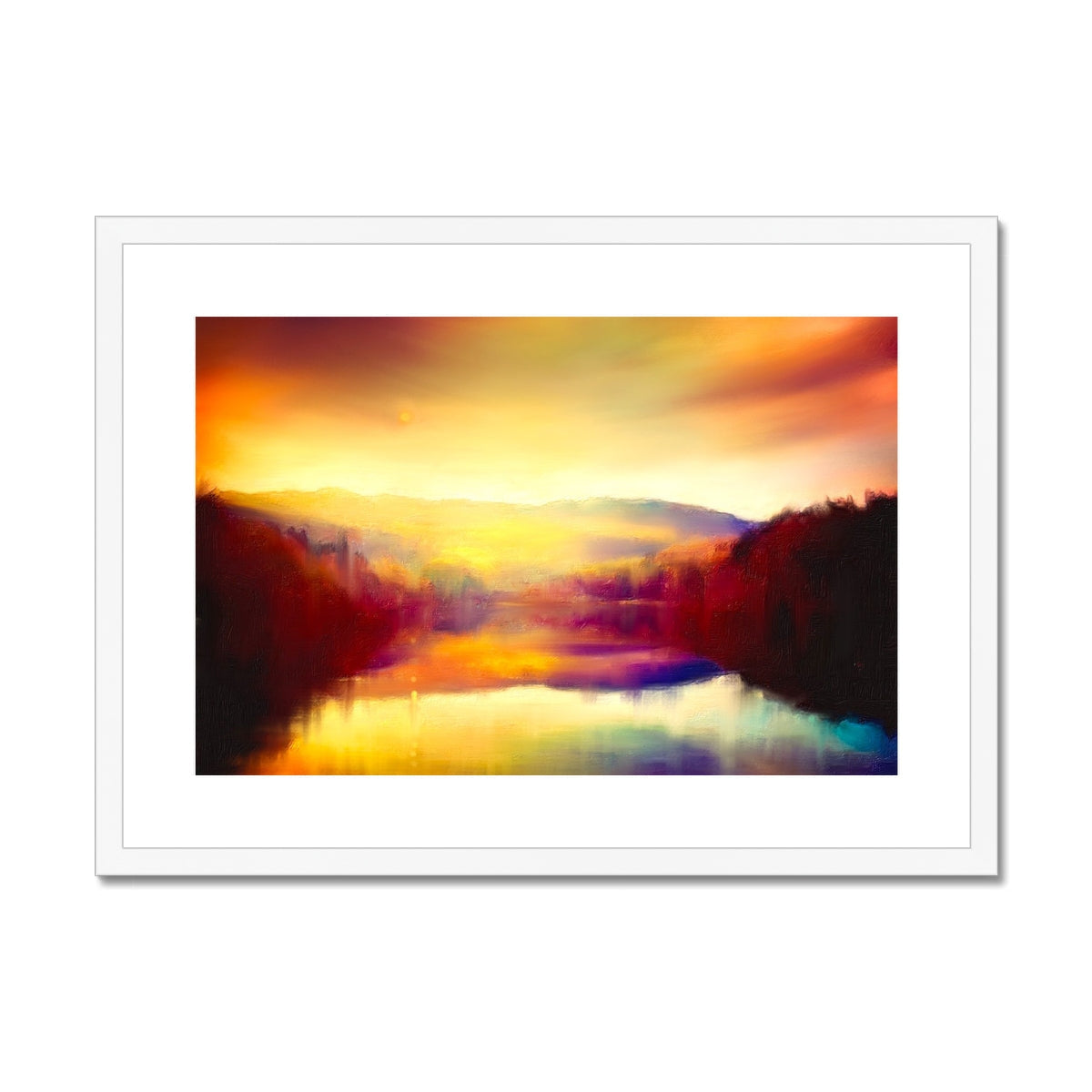Colorful abstract landscape art print with vibrant hues in a white frame for Loch Faskally Dusk