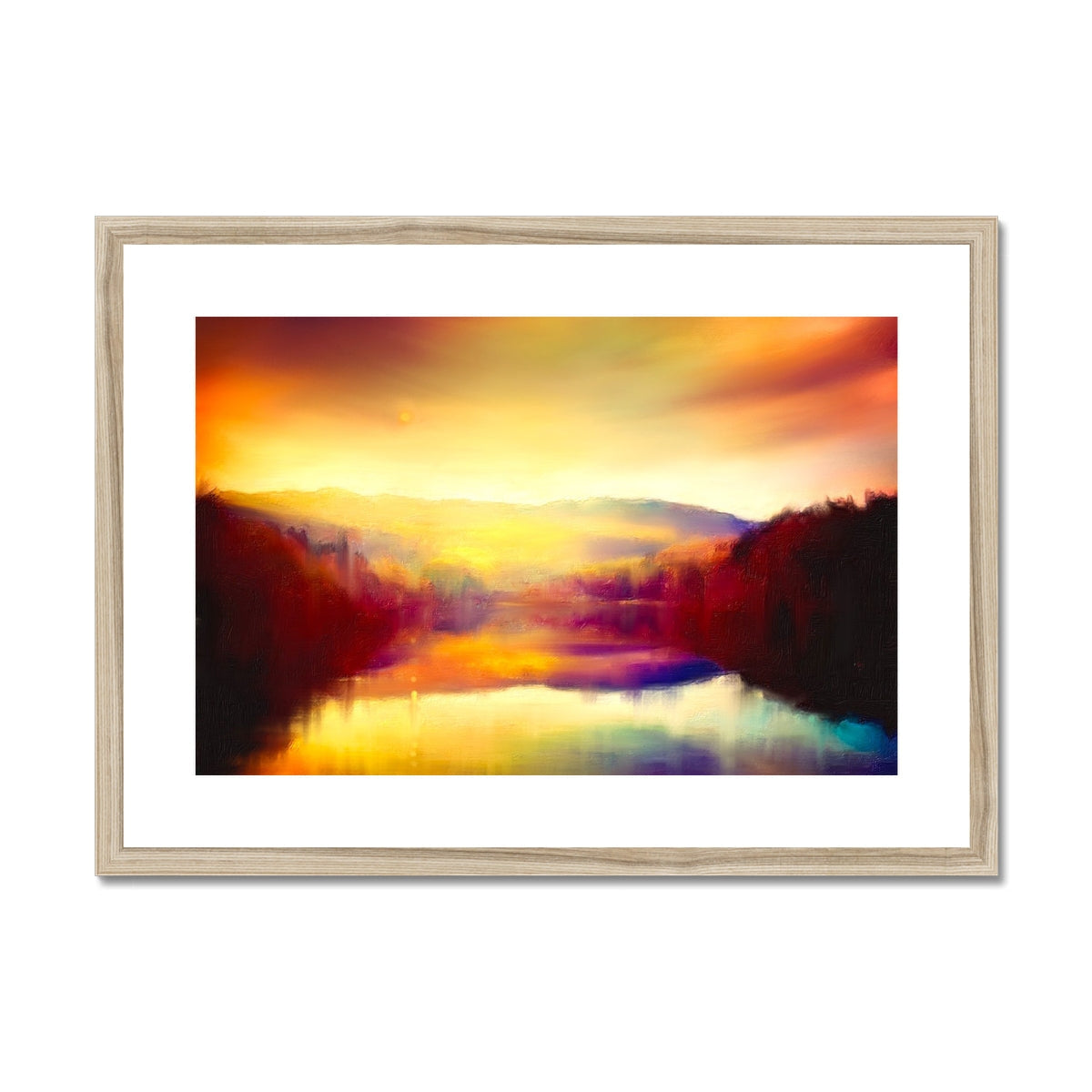 Wooden-framed abstract landscape print of Loch Faskally at dusk with warm orange, yellow, and red hues