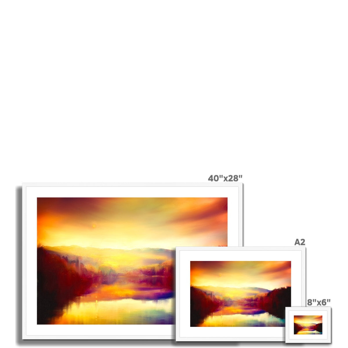Framed abstract landscape art print measuring 40x28 inches with vibrant orange, yellow, and purple hues titled Loch Faskally Dusk