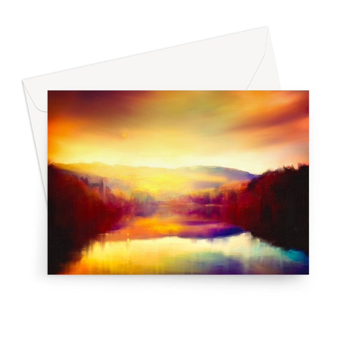 Colorful abstract landscape greeting card with vibrant hues and glossy finish for Loch Faskally Dusk
