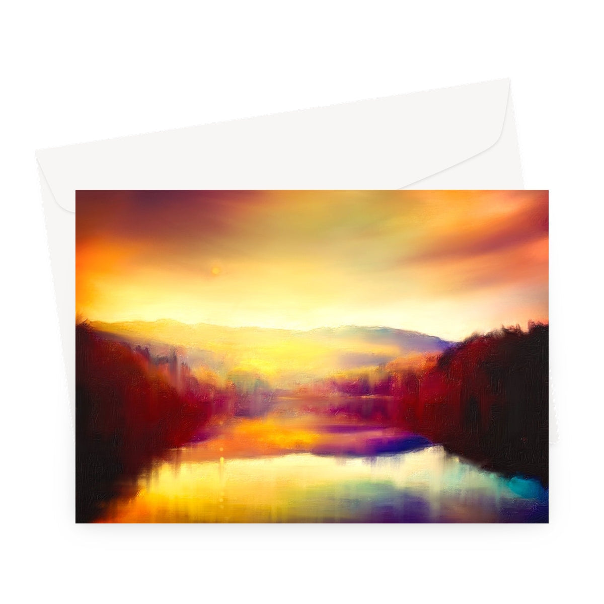 Watercolor sunset landscape greeting card featuring vibrant orange, yellow, and purple hues