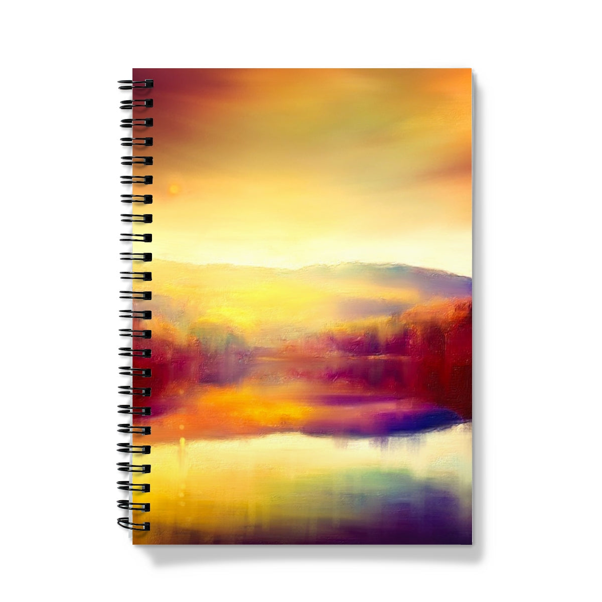 Loch Faskally Dusk Notebook with spiral binding and vibrant sunset design in warm hues