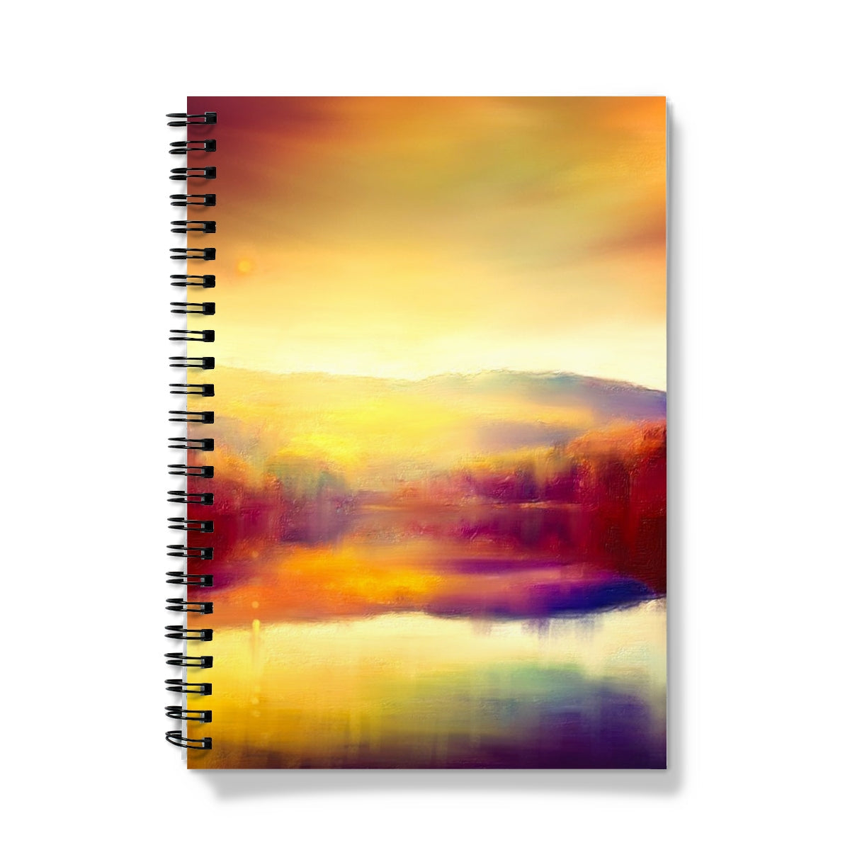 Loch Faskally Dusk Notebook with vibrant sunset design in orange, yellow, and purple hues