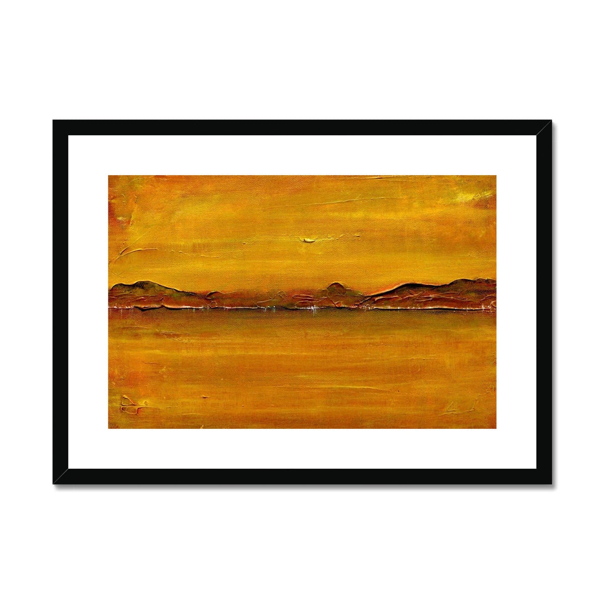 Yellow and brown abstract Loch Fyne Dawn landscape print in black frame