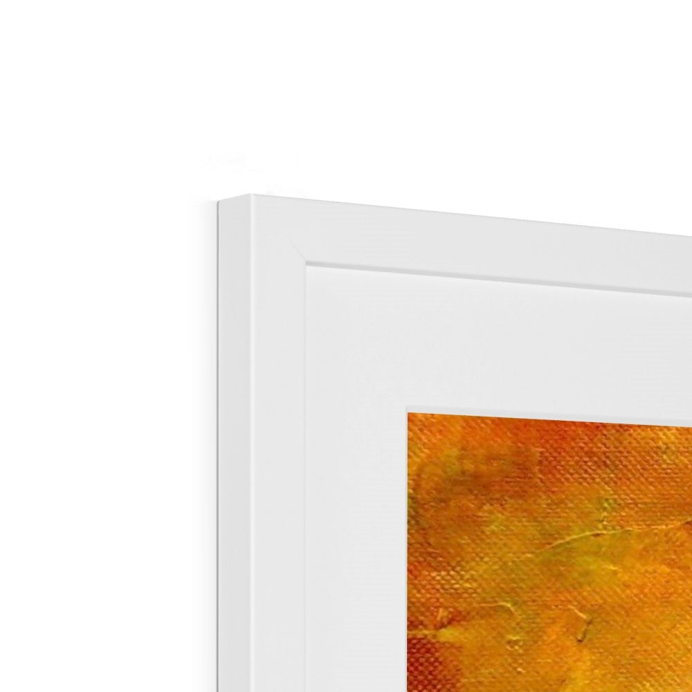 Loch Fyne Dawn art print in white frame with orange yellow abstract