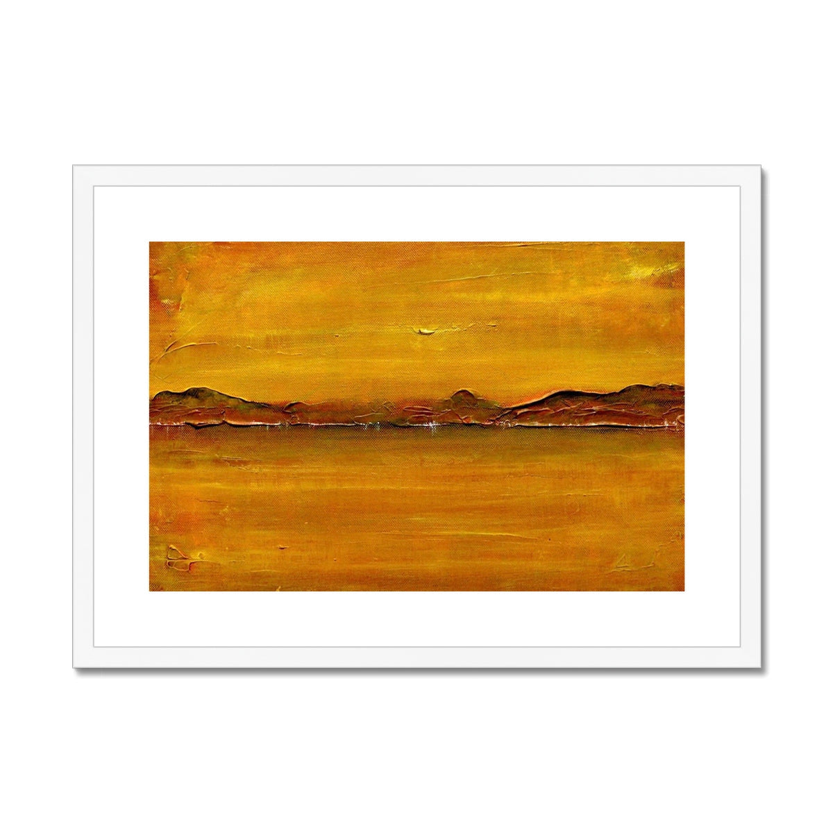 Yellow and brown abstract Loch Fyne Dawn landscape print in white frame