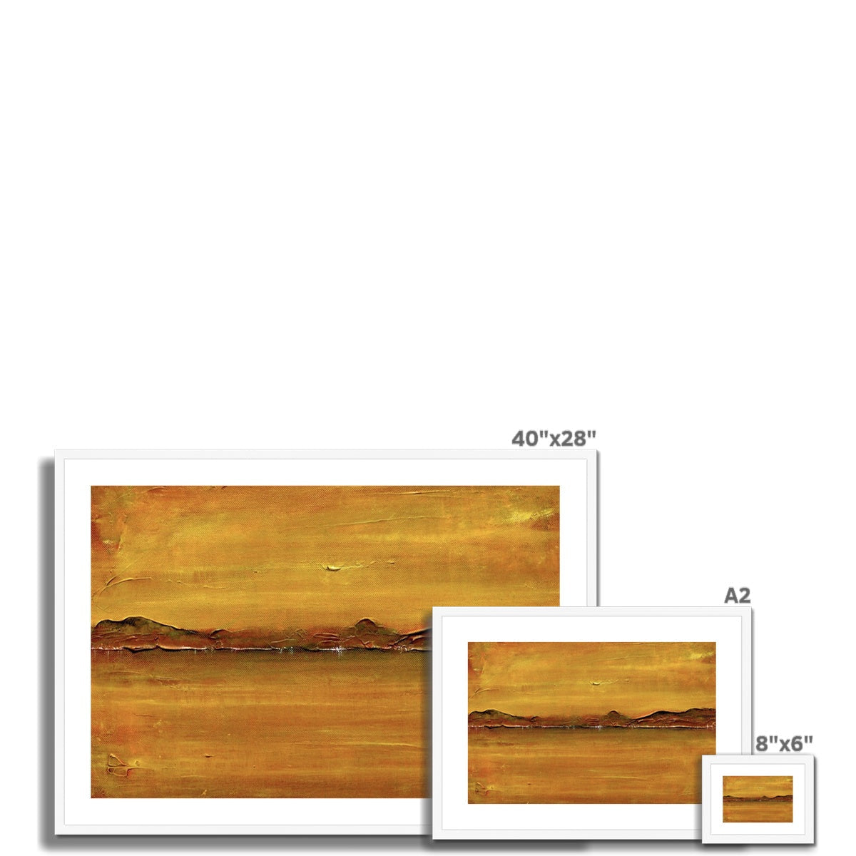 Gold abstract Loch Fyne Dawn landscape painting in white frame, 40x28 inches