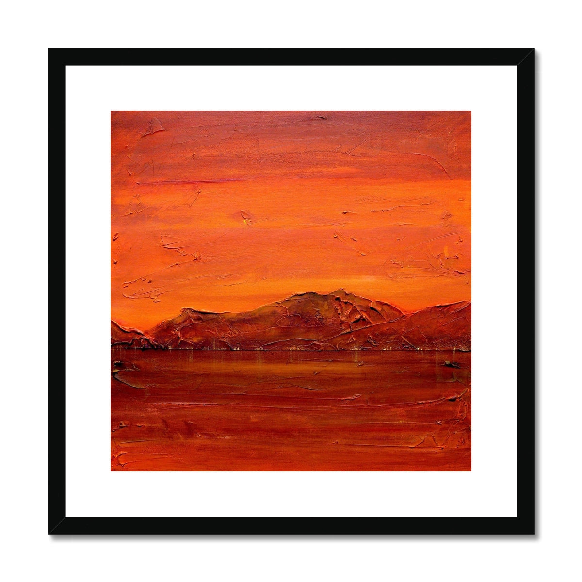 Red and orange abstract Loch Fyne Dusk landscape print in black frame
