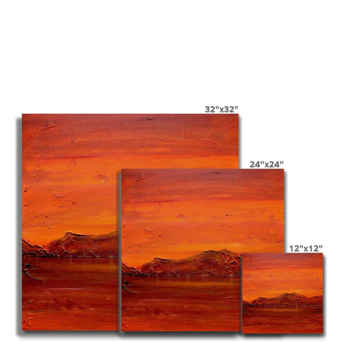 32x32 inch Loch Fyne Dusk canvas print of vibrant orange sunset over mountains and water