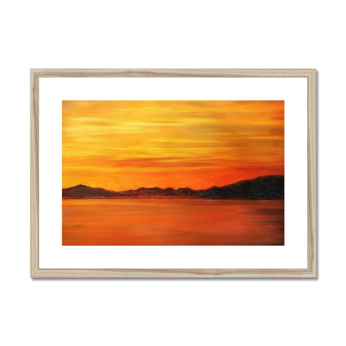 Gold and orange sunset landscape painting in a wooden frame from Loch Fyne Sunset print