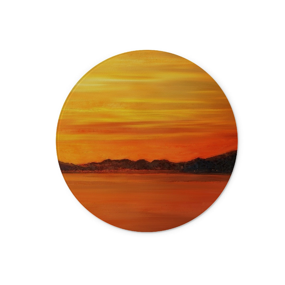 Orange sunset coaster with circular warm hues and minimalist landscape design