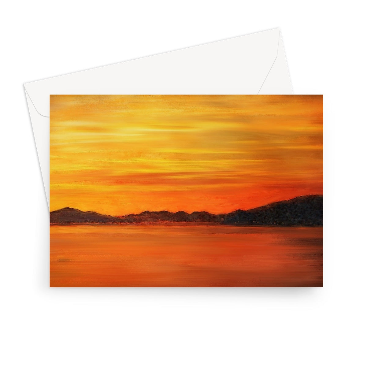Yellow and orange sunset-themed Loch Fyne Sunset Greeting Card with envelope
