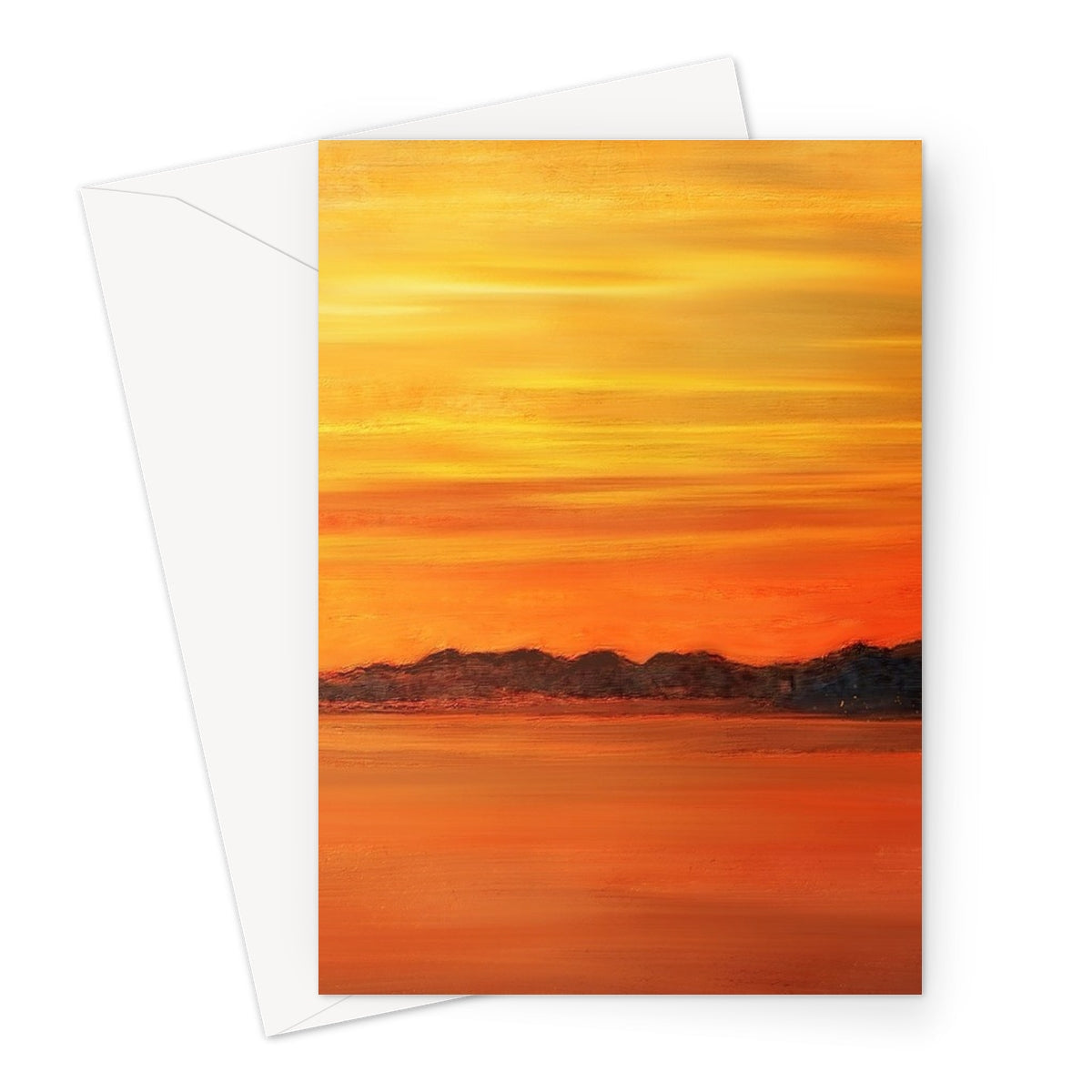 Golden sunset greeting card with vibrant orange and yellow hues and serene landscape design