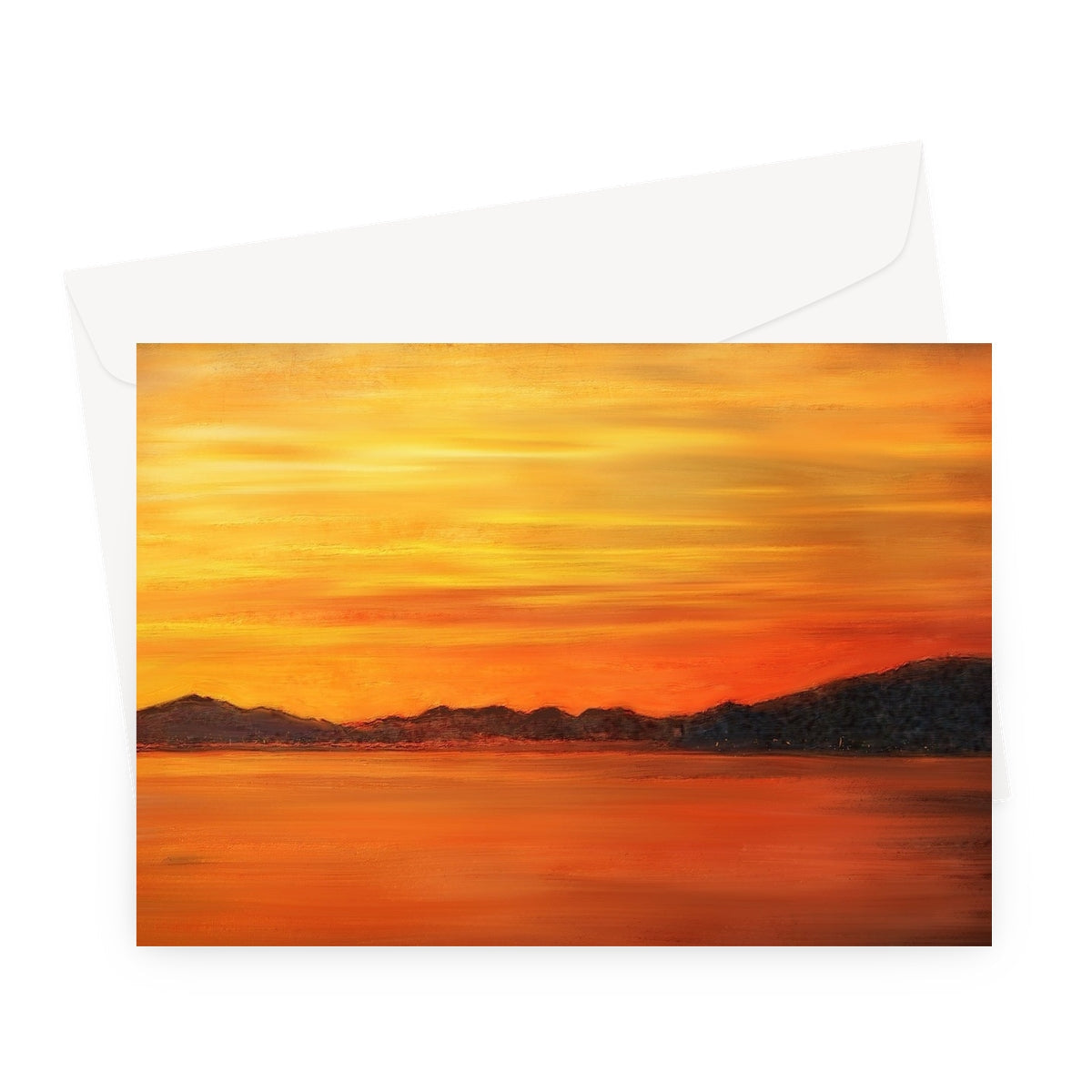 Golden sunset greeting card with envelope featuring vibrant orange and yellow gradient sky over silhouetted mountains