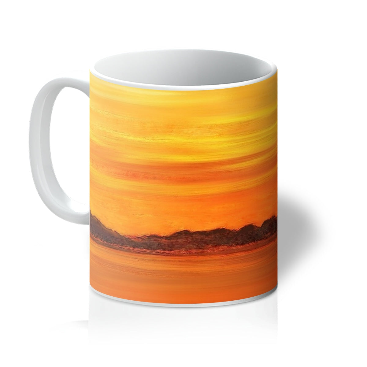 Loch Fyne Sunset Mug with vibrant orange and yellow ceramic sunset design