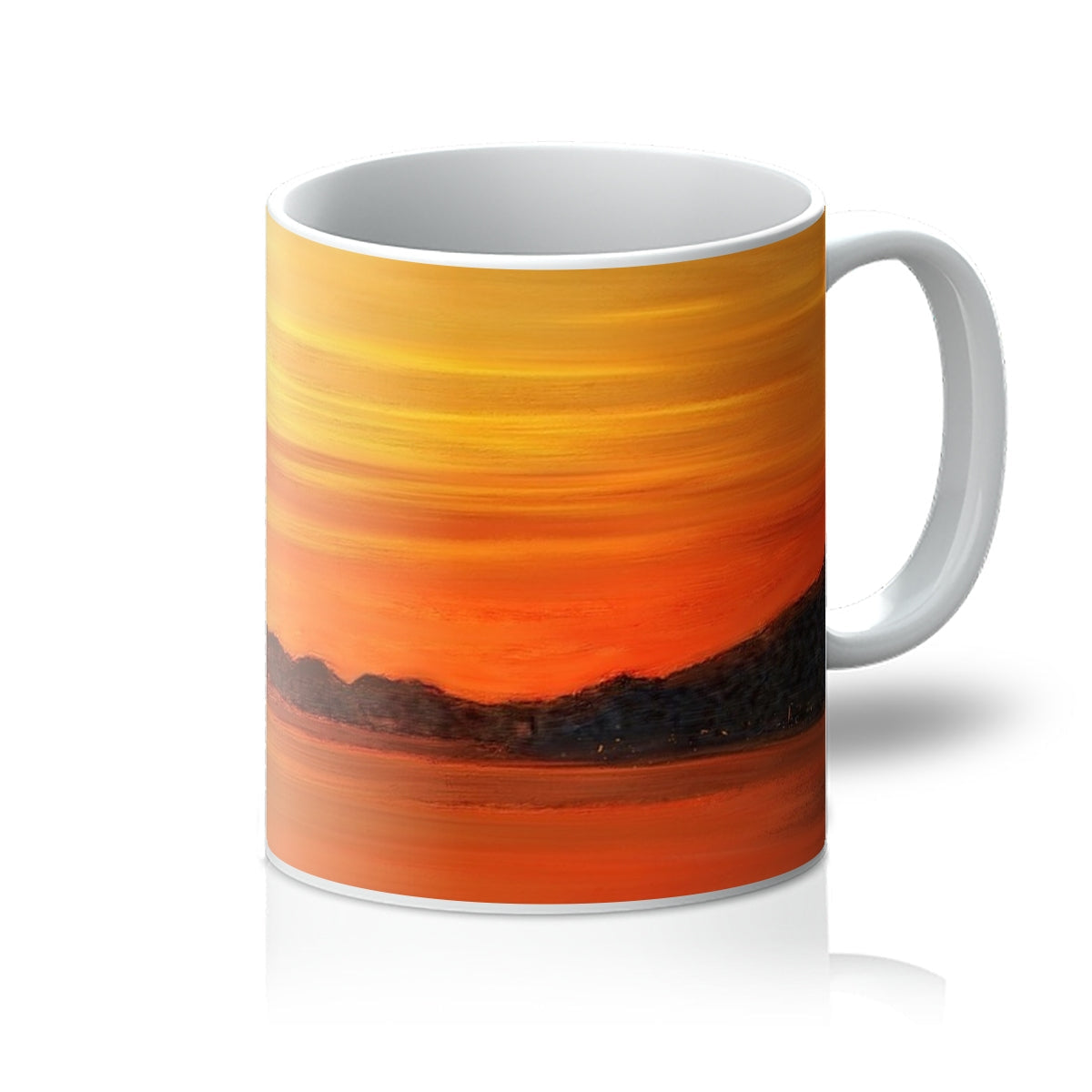 Loch Fyne Sunset Mug with vibrant orange yellow gradient and mountain silhouette design