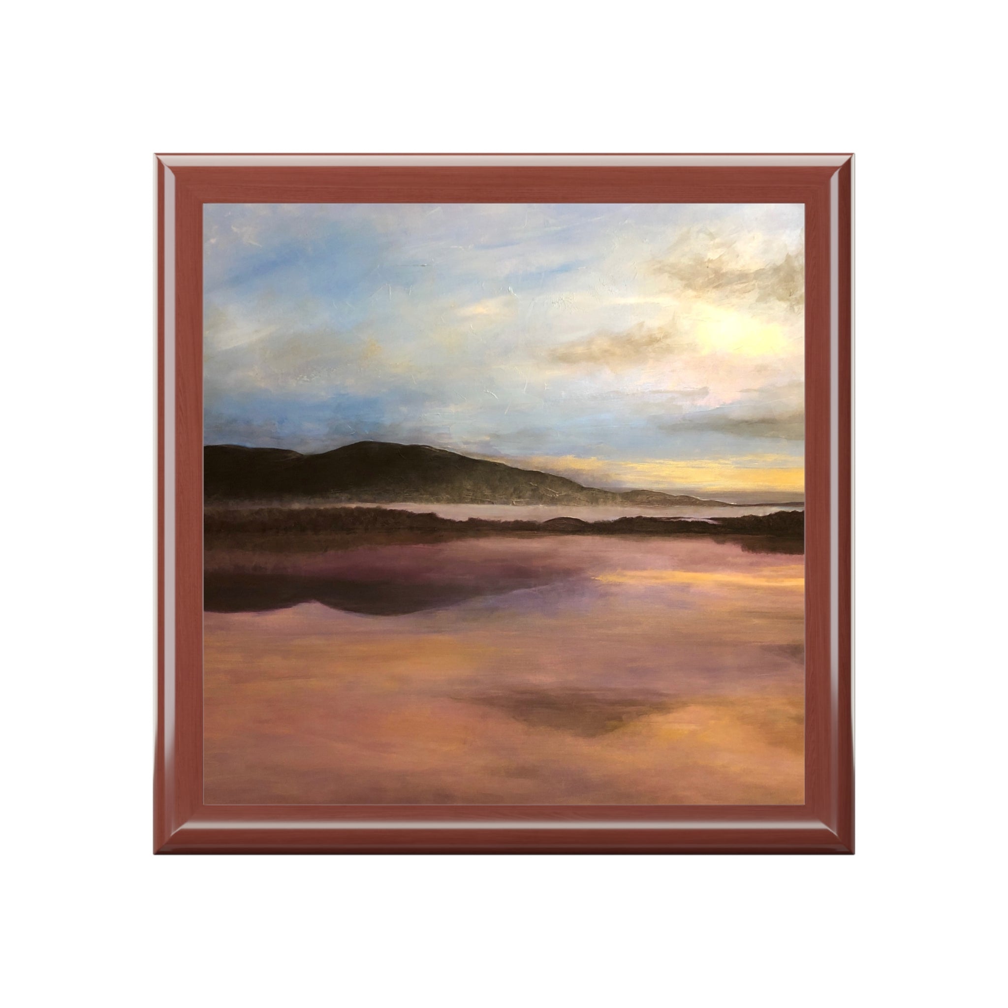 Brown framed abstract Loch Garten Dawn landscape tile coaster from Scotland