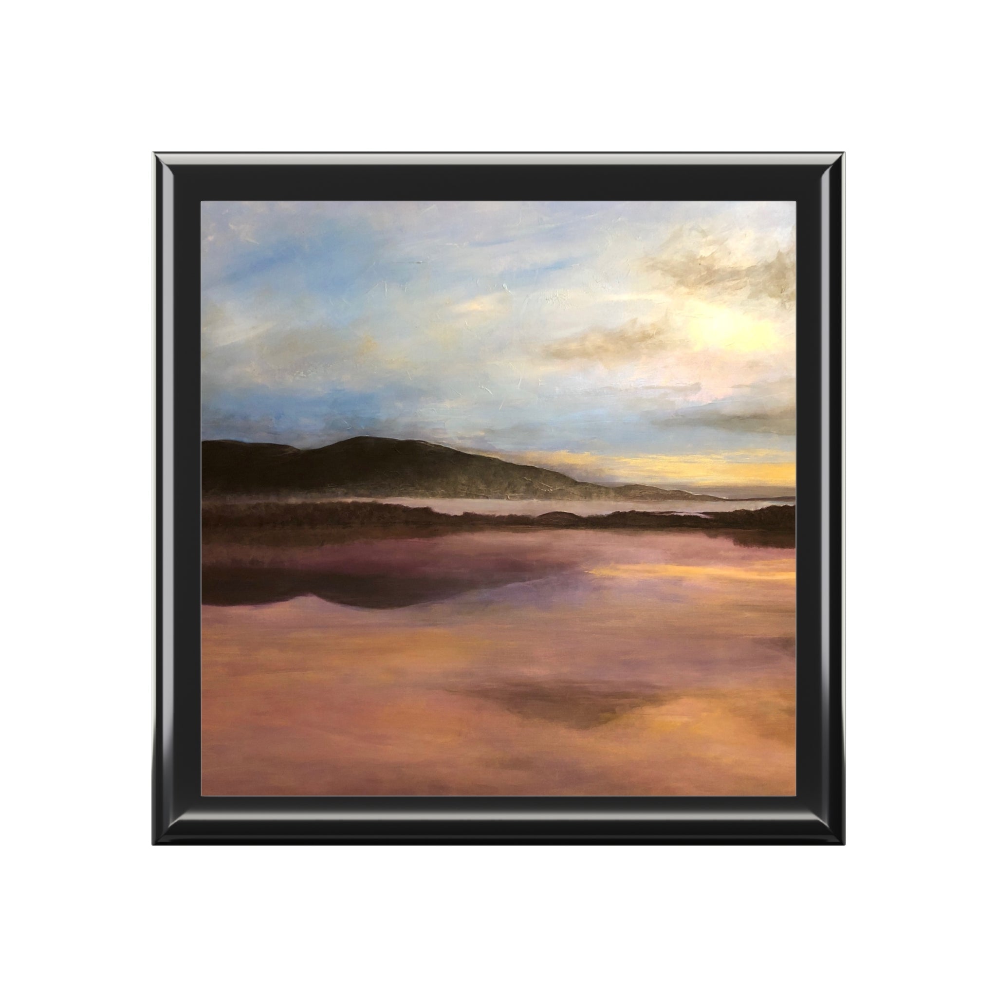 Black-framed abstract Loch Garten Dawn landscape in gold blue hues on jewelry box